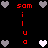 Pixelated icon with red text and heart symbols on black background, featuring repeated 'sam' and 'i u o' sequences.