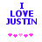 Blue text reading "I LOVE JUSTIN" above five pink pixelated hearts on a white background, with visible animation changes in heart positions.