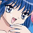 Anime-style character with blue hair and large eyes, hand near mouth, on black background with white text.
