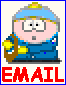 Pixelated cartoon character in blue uniform with yellow gloves and brown belt, holding a phone; text 'EMAIL' or 'Kick the EMAIL!' appears below.
