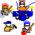 Pixel art animation of a band performing on stage with red and blue accents, featuring multiple character poses including drumming, guitar playing, and dancing.