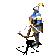 Animated sequence of a knight in blue and silver armor drawing a bow, transitioning from full draw to release against gray background.