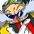 Pixelated character with light skin, dark hair, and blue headband holding a red object against blurred background.