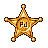 Pixelated golden sheriff star with five points, each tip capped with a white and brown circular accent, centered on a solid gray background.
