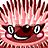 Pixelated pink creature with spiky hair, large eyes, and a wide open mouth showing teeth.