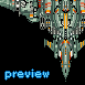 Pixel art of a large, symmetrical spaceship with green and gray body, orange accents, and white details against black background; blue text "preview" at bottom left.