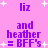 Pixelated text on pink background with white stars, showing 'liz', 'and heather = BFF's liz' repeated in four quadrants.