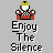 Pixel art icon shows a red and black checkered chair with yellow headrest, white seat cushion, and two circular armrests above text reading Enjoy The Silence.