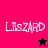 Four display 'LisZARD' text with star symbols; top-left pink background has black star, bottom-right dark red background has white star