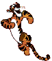 Four of a cartoon tiger with orange-brown stripes and white underbelly in dynamic poses against gray background