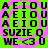 A static image with a bright green background and pink spiral patterns, featuring repeated text elements in black pixelated font.