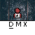Pixelated red-headed figure in white shirt with black symbol, standing against dark background with vertical lines, text "DMX" below.