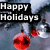 Pixelated holiday-themed icon with 'Happy Holidays' text over red baubles on a blue background.