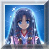 Anime-style character with long dark hair and blue eyes, wearing pink and white traditional clothing against a blue starry background.