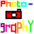 Pixelated text and camera icons display color variations and animation effects on a white background.