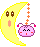 Yellow crescent moon with brown eyes and peach mouth hangs above pink round character with antennae, orange cross decorations on gray background.