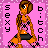 Pixelated cartoon character with brown hair in a braid, orange skin, black shorts, and pink-and-black patterned top on pink background with "sexy" and "bitch" text.