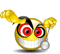Yellow cartoon face with red eyes, black eyebrows, and a wide grin holding a silver spoon in its right hand.