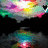 Animated sequence showing a colorful, pixelated character with glowing eyes and rainbow-colored hair against dark clouds, accompanied by changing text.