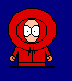 Pixelated cartoon character in red hooded jacket with black buttons, transitioning from wide eyes to closed eyes and disintegrating into fragments against blue background.