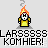 Pixelated character with orange flame head, yellow shirt, and gray base; text reads LARSSSSSLARSSSSS KOMHIER! in bold black letters.