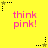 Yellow background with repeated pink text 'think pink!' and alternating black and gold star icons with dotted lines.
