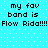 Pixelated cyan background with white dots and repeated black text reading 'my fav band is Flow Rida!!!!' in two