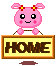 Pixelated pink bunny character with red flower headbands holds a yellow 'HOME' sign against gray background.