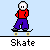 Pixelated character in red shirt and purple pants performing skateboarding actions on light blue background with 'Skate' text below.