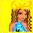 Pixel art of a character with long brown hair, purple eyeshadow, and a blue top, holding a black bag with white "FJ" on yellow background.