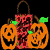 Animated Halloween-themed buddy icon featuring a trick-or-treat bag with two jack-o'-lanterns, showing sequential frame changes in pumpkin lighting and bag texture.