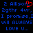 Blue pixelated text on black background with red heart symbol, repeating phrases like 'I promise' and 'LOVE U...' in a static layout.