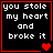 Four identical black square with red borders display white pixelated text reading "you stole my heart and broke it" alongside varying red heart symbols