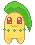 Pixelated yellow creature with green leafy hair and green clover-like spots on chest, shown in multiple expressions including smiling, winking, and neutral poses.