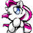 Pixelated cartoon pony with white body and magenta mane, blue eye visible, standing against gray background on left side of pink