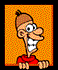 Animated cartoon character with brown cap, red shirt, and orange dotted background showing head movement from left to right.