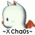 Pixelated cartoon fish with white body, dark eye, and orange fins, below which is text reading "-xchaos-" in blocky font.