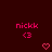 Pixelated pink text 'nickk' with '<3' below it on dark red background, two heart symbols at bottom right corners.