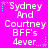 A static image with a bright pink background displays repeated text "Sydney And Courtney BFF's 4ever." in white pixelated font, surrounded by small blue and purple star-like shapes.