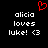 Red pixelated heart symbol above white text reading 'alicia loves luke! <3' on black background.