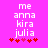 Pixelated text 'me anna kira julia' in white on bright pink background with red and pink heart symbols below, showing animation change between