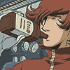Anime-style character with brown hair and red outfit, holding a device emitting smoke-like effects.
