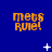 Blue background with orange pixelated text reading 'mets rule!' repeated across nine positions, white star-like shapes scattered throughout.