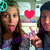 A pixelated image of a person with long brown hair making a peace sign, sticking out their tongue, and wearing a light-colored top with a dark jacket, with a red heart symbol and a blue peace sign in the background.