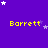 Purple background with yellow text 'Barrett' repeated in a , white and purple stars scattered throughout, gray rectangle in bottom-right corner