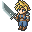 Pixel art character with blonde hair and blue eyes holding a large sword in four distinct poses against gray background.
