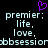 Pixelated text displays 'premier: life, love.' with a purple heart symbol above, repeated twice on a black background.