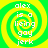 Four identical spiral-patterned icons with green and yellow hues display the text "alex is a living gay jerk" in white pixelated font.