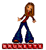 Pixelated character with long brown hair in red top and blue flared pants, standing with arms extended, text "BRUNETTE" below.