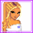 Pixelated 48x48 buddy icon featuring a blonde cartoon character and text elements on pink backgrounds with purple borders.